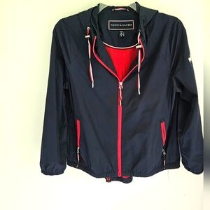 Tommy Hilfiger Navy Blue and Red Hooded All-weather Jacket